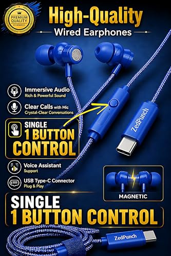 Image of Type-C Wired Earphone with Mic, 10mm Dynamic Bass Driver, Magnetic in-Ear Headphones, Metal Build, Low Latency Sound for Gaming, 3 Button Control, HD Calling, Voice Assistant (Dark Blue)