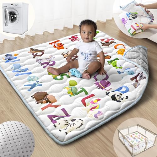Image of Beavtaens Baby Play Mat, 43x43 Mat with Super Soft Touch, Activity Mat with Upgraded Anti-Slip Bottom, Machine Washable Crawling Mat for Floor & Picnic(Animal Alphabets)