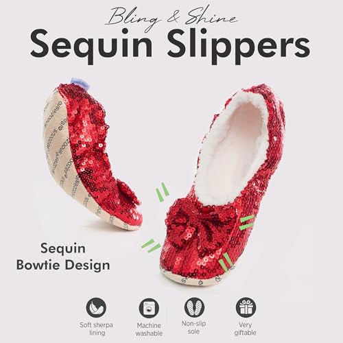 Snoozies Sequin Slippers for Women Indoor with Sherpa Lining, Womens Slipper Socks with Grips2
