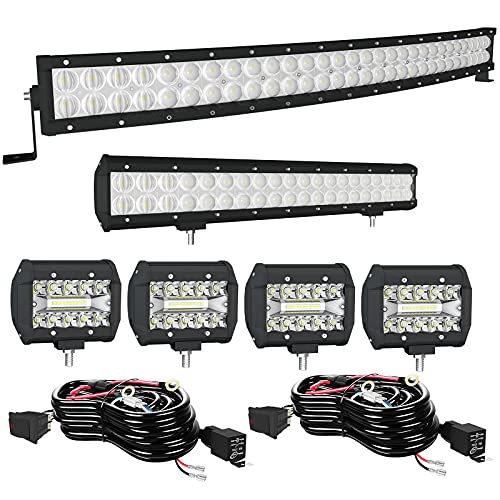 Led Light Bar Kits Turbo Sii 42 Inch 240W Curved + 20 Inch 126W 5D Flood Spot Combo Off Road Driving Led Bars+ 4Pcs 4 Inch Led Cube Pods Lights W/Wiring Harness For Trucks Jeep Atv Utv Polaris Boats #TOP19