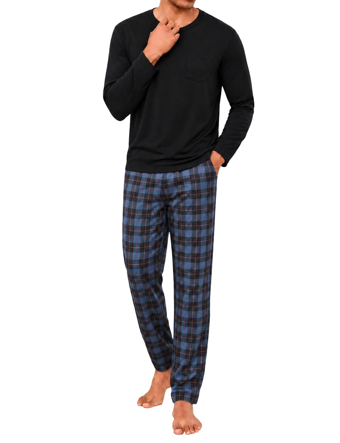 Marvmys Herren Schlafanzug Lang Baumwolle Pyjama Set Zweiteilig Loungewear | Weich, bequem und atmungsaktiv. Elastischer Bund, maschinenwaschbar, zwei Taschen, Henley-Kragen