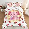 HOSIMA Pink Kawaii Axolotl Bedding Comforter Set for Kids,Cartoon Strawberry Milk Tea Print Comforter Set Bedroom Decoration Twin Size for Children Girl with 2 Pillowcases. #1