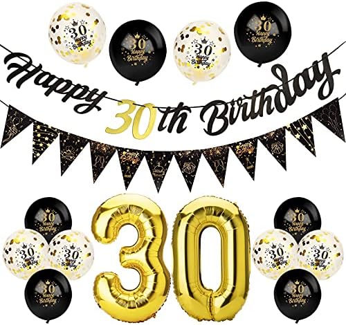 Afirbeone 30th Birthday Decorations Set, Including Black Gold Happy 30th Birthday Banner, Triangle Flag Banner, Confetti Latex Balloons and Aluminum Foil Balloons, for Birthday Party Decoration