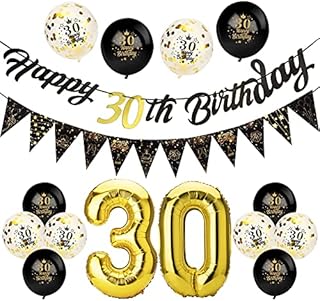 Afirbeone 30th Birthday Decorations Set, Including Black Gold Happy 30th Birthday Banner, Triangle Flag Banner, Confetti Latex Balloons and Aluminum Foil Balloons, for Birthday Party Decoration