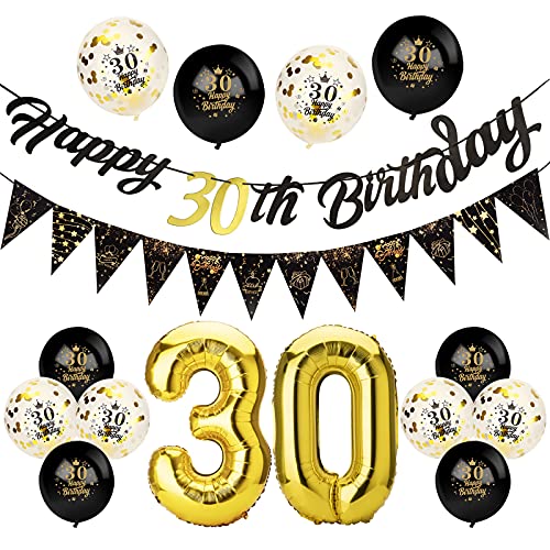 Afirbeone 30th Birthday Decorations Set, Including Black Gold Happy 30th Birthday Banner, Triangle Flag Banner, Confetti Latex Balloons and Aluminum Foil Balloons, for Birthday Party Decoration