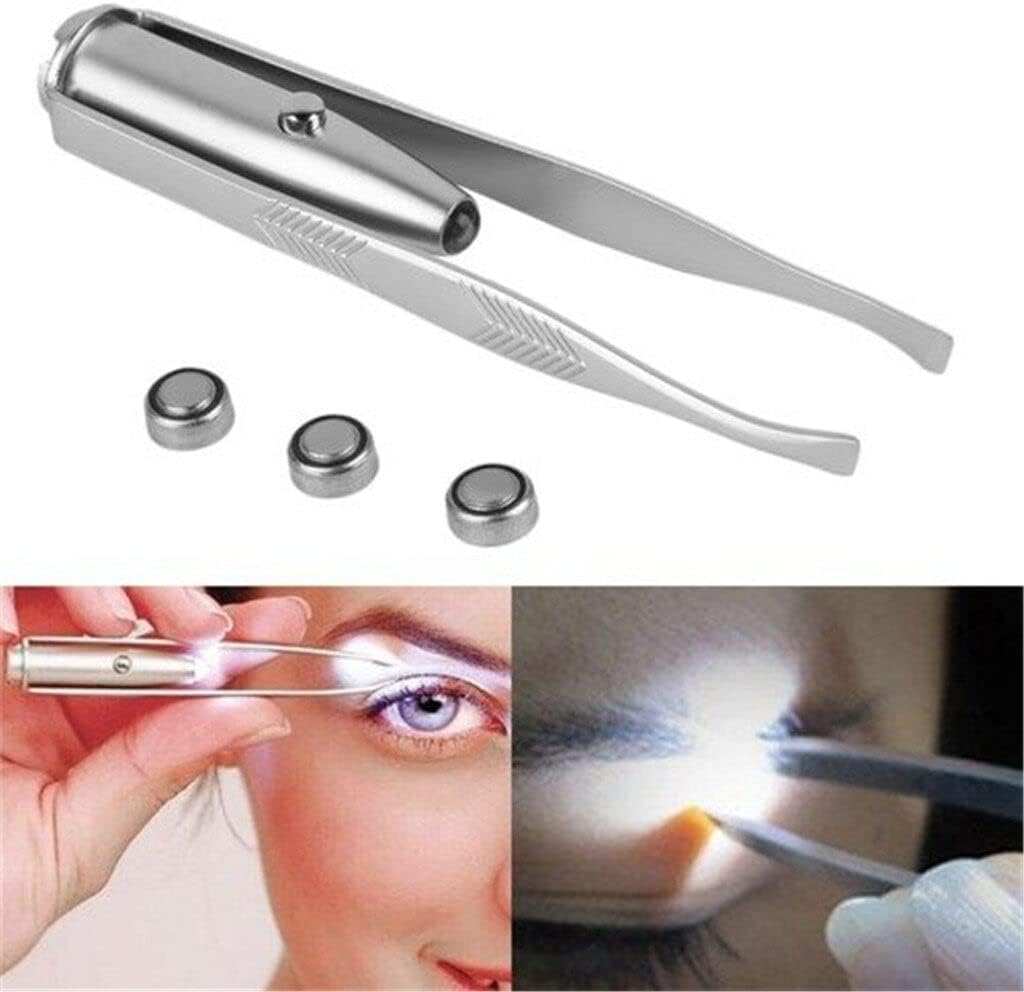 Pinzas de maquillaje de acero inoxidable con luz LED creativa, para cejas, pestañas y cejas, durabilidad y practicidad, belleza y cuidado personal (8,8 x 0,8 x 1,6 cm)