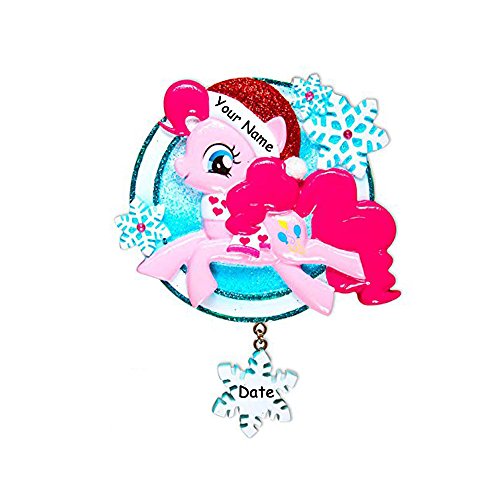 Personalized Officially Licensed My Little Pony Character Pinkie Pie in Glittered Santa Hat with Winter Scarf and Snowflakes Custom Christmas Ornament with Your Custom Name and Year (Optional)