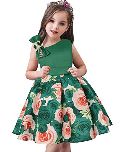 AGQT Muchacha Vestido Fiesta Niña,Vestido Princesa Niña Ceremonia Comunion Boda Elegante Corbata De Moño Flores Vestido Sin Mangas Verde 8-9 Años