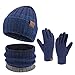 Mens Winter Knit Beanie Hat Scarf Touchscreen Gloves Set, Winter Warm Skull Cap Neck Warmer Gloves Set with Fleece Lined