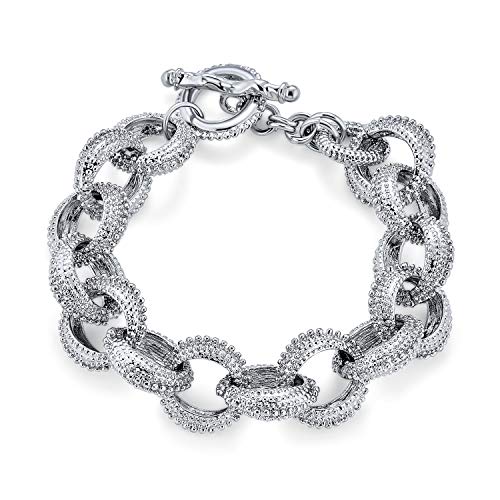 Bling Jewelry Fashion Statement Chunky Texture Large Oval Interlocking Link Chain Matt Silver Plated Bracelet For Women Toggle Clasp Closure #TOP1