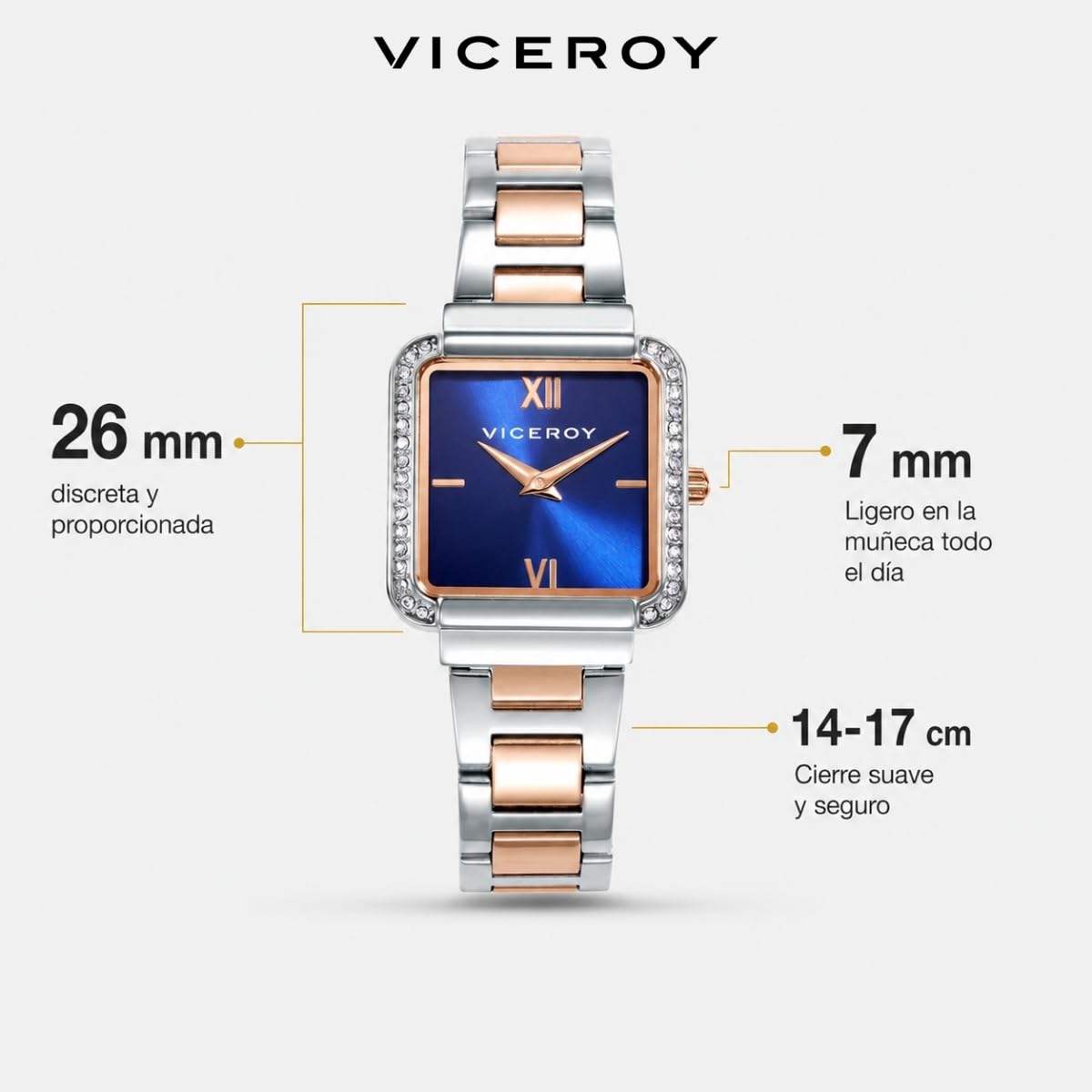 Viceroy Reloj Analógico Mujer de Acero Inoxidable - 26 mm - Movimiento de Cuarzo - Esfera Azul con Circonitas - Acabado Rosa - Resistente al Agua 3 ATM - Colección Chic – 401244-33