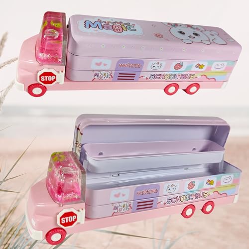 Image of ZAFCO Metal Bus Pencil Box for Boys | Gel Toy with Moving Wheels Compass for Kids | Pen Box for Students | Geometry for School | Birthday Return Gift 1 Unit (Pink-Truck)