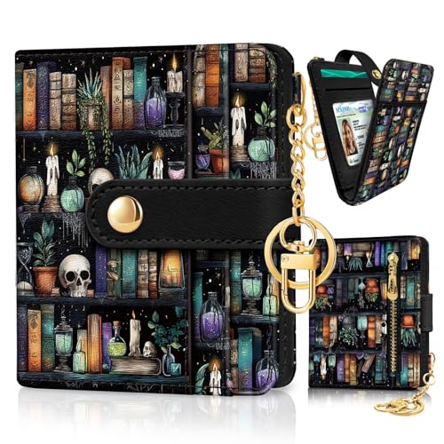 Image of Jogjam Bookshelf and Skull Goth Gothic Skeleton Rfid Women Wallet, Small Slim Thin Compact Travel Credit Card Wallet, PU Leather Bifold Cash Wallet, Zipper Coin Pocket ID Window, Female Ladies Gifts