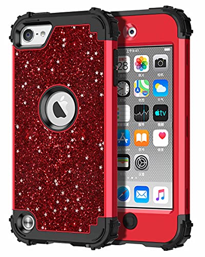 Hekodonk for iPod Touch 7 /iPod Touch 6 /iPod Touch 5 Case,Heavy Duty Shockproof Protection Hard Plastic+Silicone Rubber Hybrid Protective Case for iPod Touch 7th Generation 6th Gen 5th Gen Bling Red