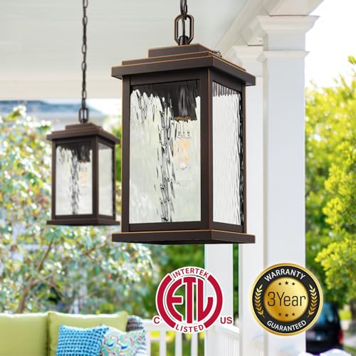 Image of Gleamz Large Outdoor Pendant Lights for Porch, Anti-Rust Hanging Light | Oil Rubbed Bronze (Gold Trim), Dusk to Dawn Exterior Hanging Lighting Fixtures for House, Easy Installation, 1-Pack, No-Solar