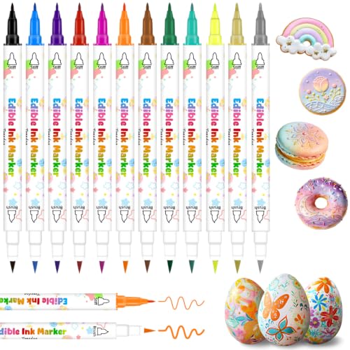 Food Coloring Marker Pens,12Pcs Dual Sided Food Grade and Edible Markers with Fine&Thick Tip,Edible Pen Gourmet Writers for Decorating Cake,Cookies,Fondant,Frosting,Easter Eggs,Painting,Drawing,Baking( For 12+ Year Old)