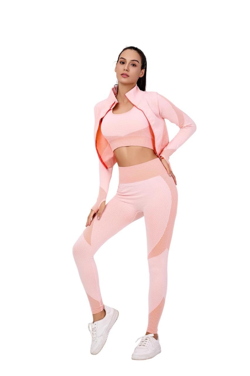 Set da allenamento da donna, 3 pezzi, senza cuciture, leggings a vita alta, reggiseno sportivo e top corto, per yoga e fitness, palestra