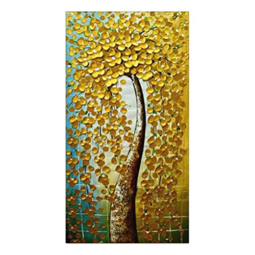 QUANHUA 3D Blumenbilder Abstrakte Gelbgoldblume Ölgemälde Auf Leinwand Moderne Kunst Bilder Dekoration, Palettenmesser, Glücksbaum,A,60×120cm Cover