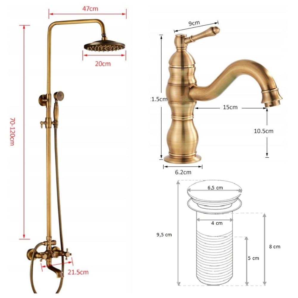 Ari Juego de grifos de baño retro con grifo de lavabo, sistema de ducha de lluvia y válvula de desagüe Click-Clack estilo antiguo con cartucho de cerámica, latón (latón, bajo)