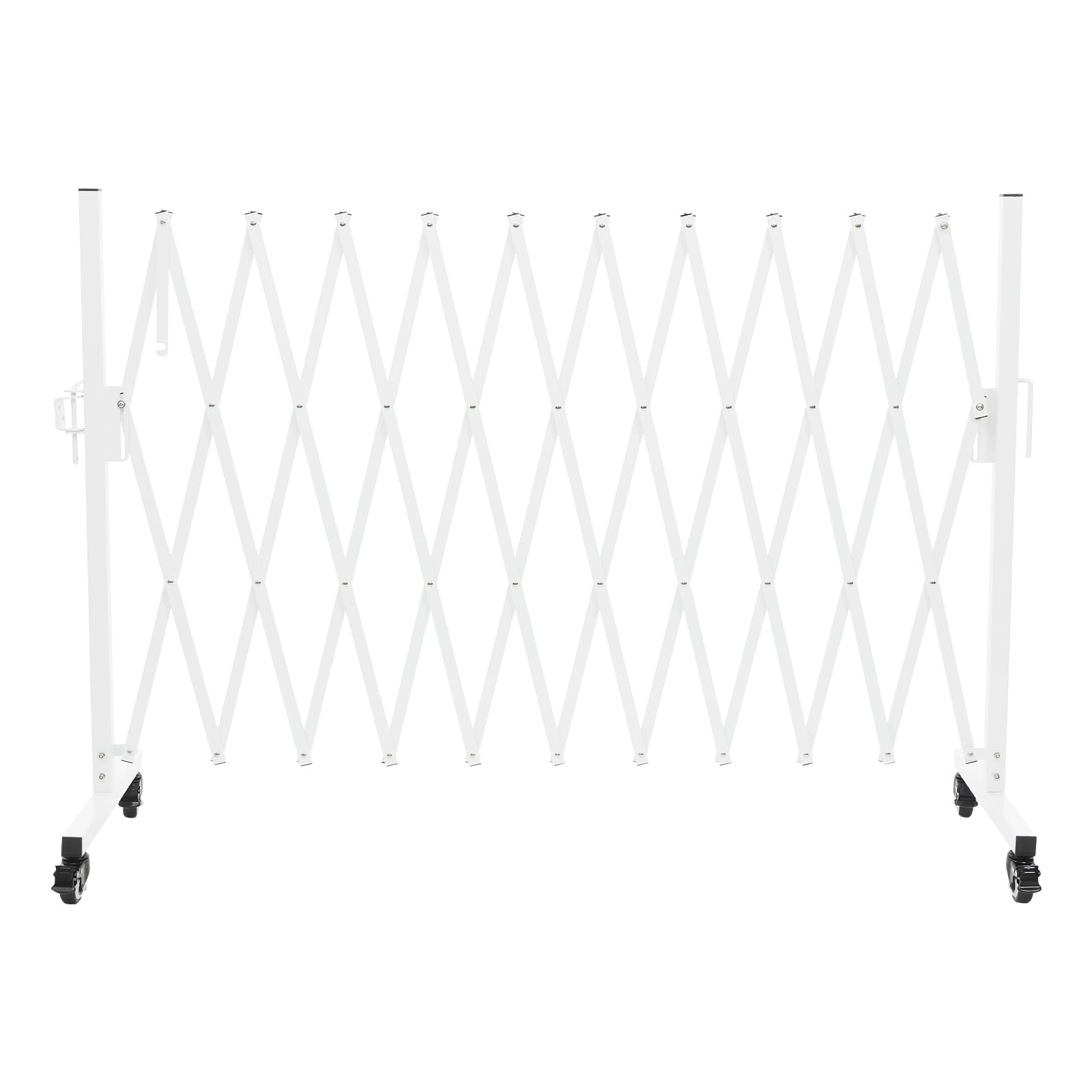 11FT Industrial Expandable Barricade Folding Security Gate with Wheels, Retractable Driveway Gate with Aluminum Fence, Portable Safety Barrier, White
