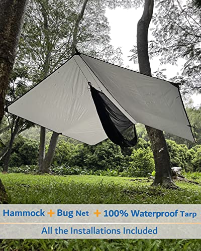 Hammock Camping with Rain Fly Tarp and Net, Portable Camping Hammock Double Tree Hammock Outdoor Indoor Backpacking Travel & Survival, 2 Tree Straps,100% Waterproof - Image 4