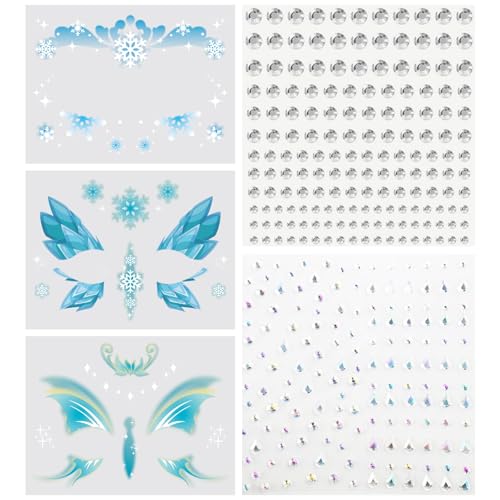 Eiskönigin Gesichtstattoo mit Glitzersteine – Temporäre Tattoos für Kinder & Erwachsene – Frozen Prinzessin Karneval Fasching Schminke Blau Schneeflocke Sticker