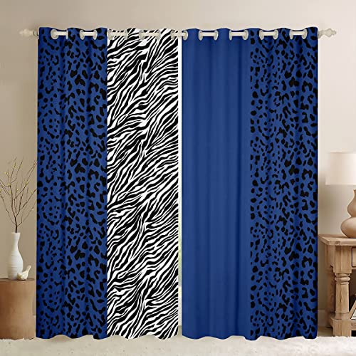 Navy Blue Leopard Curtains Zebra Cheetah Print Window Curtains Stripes Patchwork Blackout Curtains For Kids Girls Women Safari Animal Skin Print Window Treatments Living Room Decor 2 Panels 38W"X54L" #TOP30