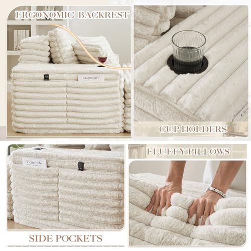 Image of 5-In-1 Oversized Chaise Lounge Chair Indoor with Ottoman,54.5 inchW Faux Fur Convertible Folding Sleeper Sofa Bed with Cup Holder&Side Pocket,Comfy Boneless Couch Sofa Chair for Living Room,Bedroom(Beige)