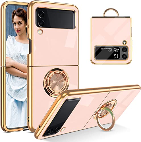 NEINEI Antichoc Coque pour Samsung Galaxy Z Flip4 5G,Etui de Très Mince Placage PC avec Magnétique Support de Bague,Housse de Élégant Miroir Silicone Brillant Cover Case,Rose Cover