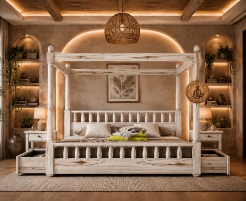 Image of Sheesham Solid Wood Allure Poster Bed for Bedroom | Handmade Wooden Cot | Elegant Four Poster King Size Bed Frame (Rustic White, King, Allure with Storage)