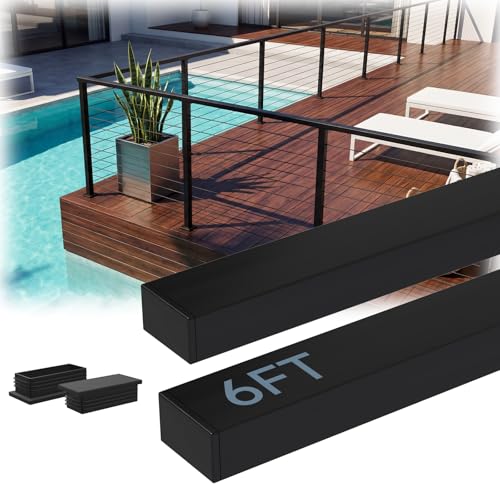 Image of Modular 2Pack 6FT Stainless Steel T304 Black Handrail for Cable Railing with Nylon End Cap Kits, 2.36 inch W x 1.18 inch H Cuttable Flat Handrail Rectangular Top Rail for Stair Railing Indoor Outdoor