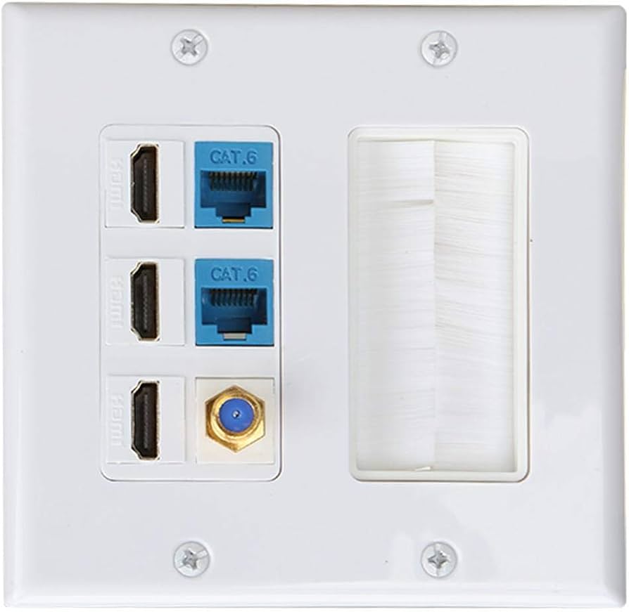 Brush Wall Plate 2gang, PHIZLI 3 HDMI Keystone Cat 6 Keystone Coax Cable TV F Type Wall Plate Female-Female Combination Faceplate