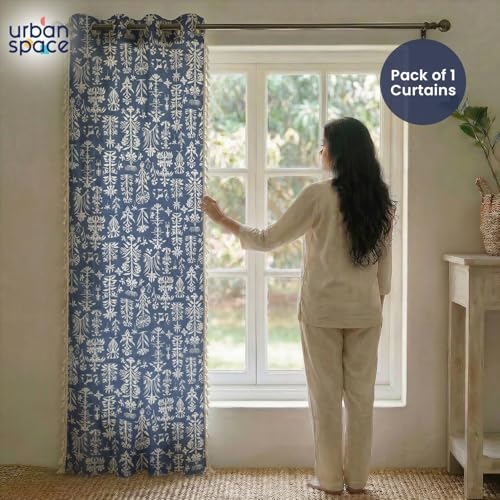 Image of Urban Space Boho Decorative Curtain for Window, 100% Cotton Curtain 5 Feet Long, 1 Piece Curtain with Tassels, 60-65% Room Darkening with Tieback and Eyelets (Twigs Indigo Blue, 5 Feet)