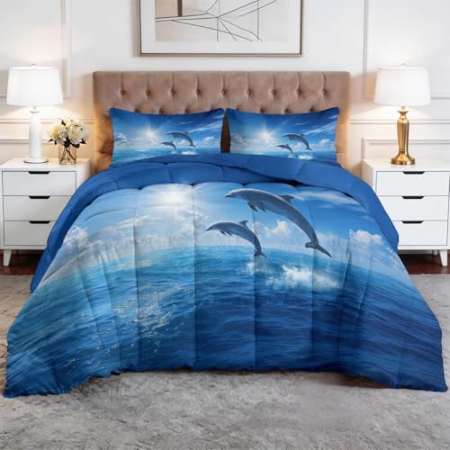 Genérico Edredón Nórdico 220 x 220 cm Tema Oceánico Animales Delfines Diseño, Relleno de Ecopiuma 400g/m² – Confort Térmico 4 Estaciones, Antialérgico – Set 3 Piezas Niños y Niñas, Azul