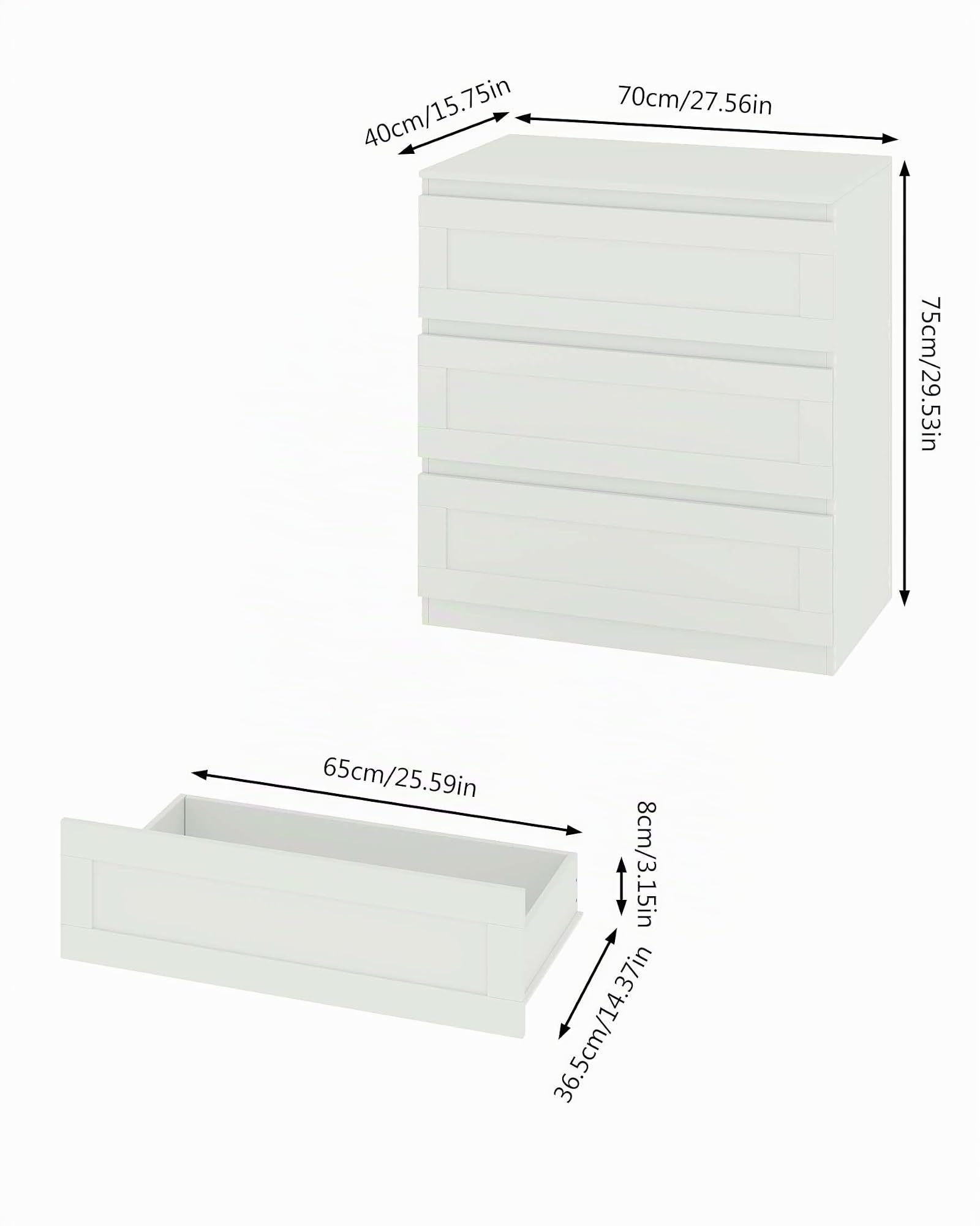 Cajonera Blanca Cómoda Dormitorio 3 Cajones 70 cm Ancho