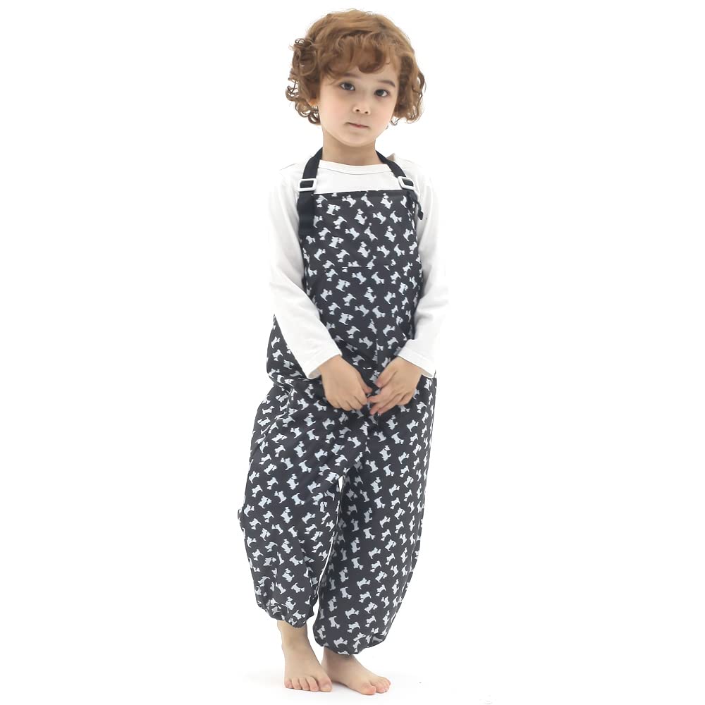 Kids Art Smock Dungaree Style, Lightweight Waterproof Painting Apron with Adjustable String, Quick-Dry Messy Play Overall for Boys Girls School Crafts, Black W/Puppy (34-S)