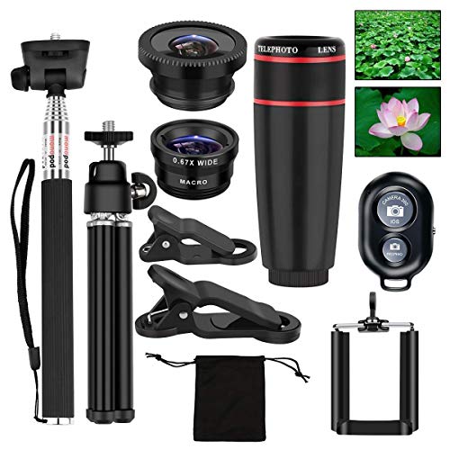 AFAITH 10in1 Mini Kit de la lente 8x teleobjetivo + lente ojo de pez lente + lente Macro Selfie Monopod...