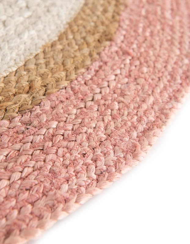 Tapis ovale en fibre naturelle rose, blanc et jute naturelle, 0,9 x 1,5 m, tissé à la main | Décoration d'intérieur rustique et contemporaine | Tapis durable pour chambre à coucher