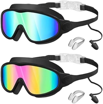 Swim Goggles, Kids Goggles with Earplugs& Nose Clip Wide View Anti-Fog/UV Swimming Goggles for Age 3-15 Boys Girls