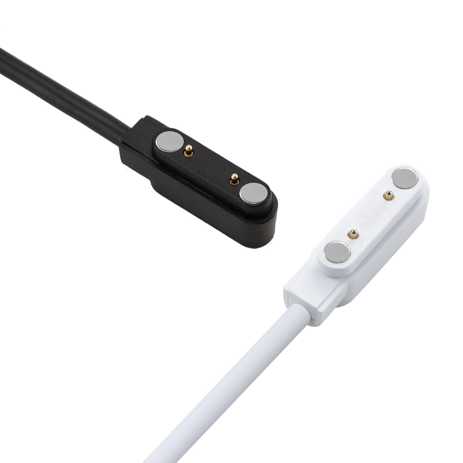 Close-up of the magnetic charging contacts on the K22 smartwatch charger, showing the two gold pins and two silver magnets.
