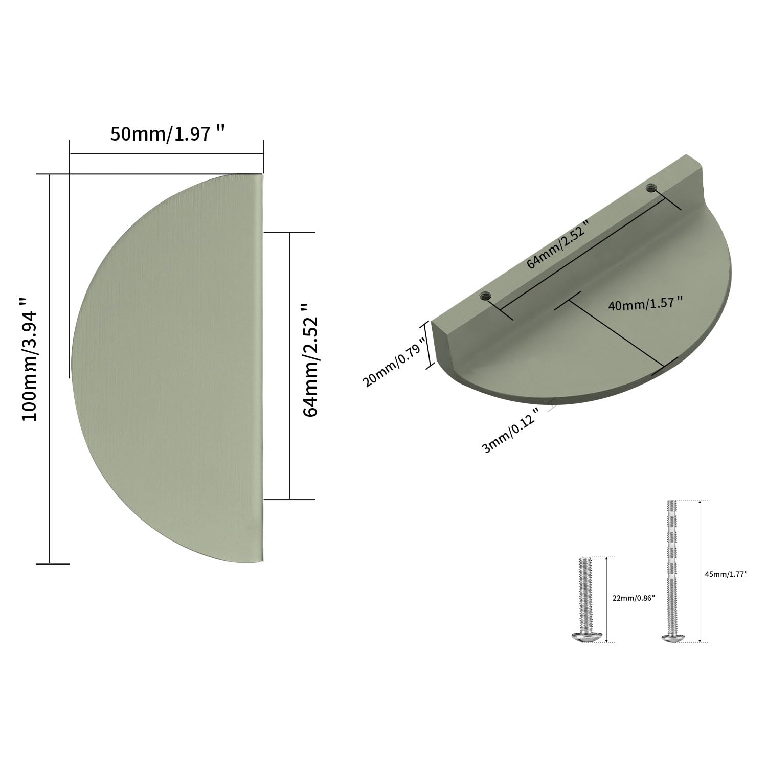 Tiradores de cajón verdes de 6,35 cm (2-1/2 pulgadas), 4 unidades (2 pares) Tiradores y pomos semicirculares de media luna para armario con tornillos para armario de cocina, dormitorio