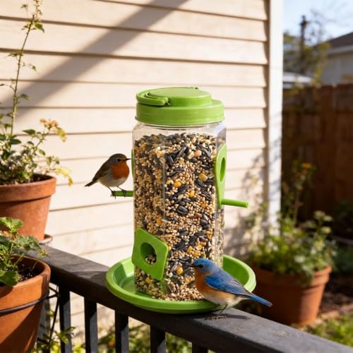 Image of TrustBasket 4-Way Bird Feeder | Transparent Plastic Hanging & Standing Feeder | 21x15x9 cm | 4 Feeding Ports with Perches | Auto Seed Dispensing Tray for Garden & Balcony