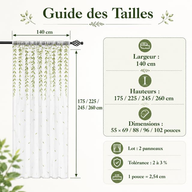 Lot de 2 Rideaux Extérieurs Brodés en Mousseline, Voilage Anti-Moustiques Haute Densité, Finition Manchon, Design Feuillage Élégant pour Patio, Pergola, Gazebo, Terrasse(140LX175H cm)