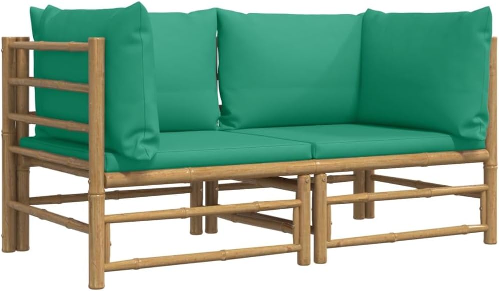 Patio Corner Sofas with Green Cushions 2 pcs Bamboo Garden Furniture