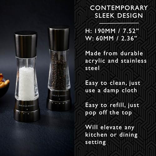 Cole & Mason Derwent Gunmetal Salt and Pepper Mills, Adjustable Grind Settings, Gourmet Precision+, Stainless Steel/Acrylic, 190 mm, Gift Set, Includes 2 x Salt and Pepper Grinders