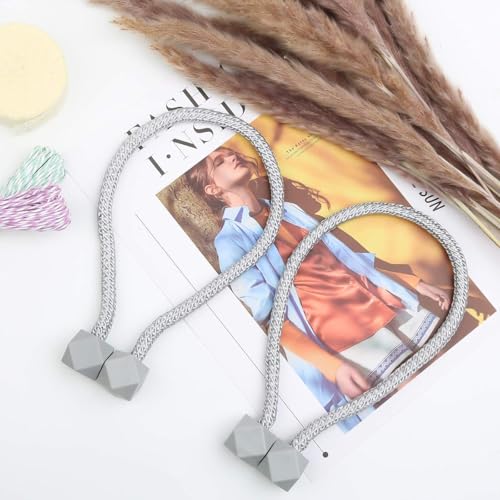 Image of TIED RIBBONS Set of 2 Magnetic Handmade Decorative Curtain Tiebacks Thicker (Grey, 18 Inch) - Twist Rope & Strong Tieback Window Holdbacks Holders for Window Sheer Drapes Indoor Outdoor