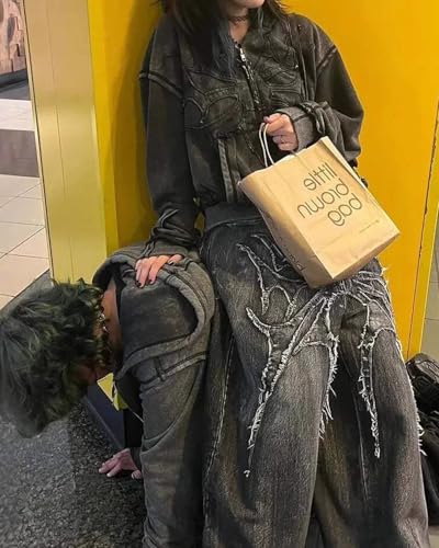 Unisex Y2K Hip Hop Streetwear Jeans Women Gothic Retro Pider Embroidered Denim Jeans Wide Leg Pants3