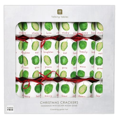 Talking Tables 6 x Christmas Crackers with Crown Party Hats, Joke Sheet, Escape Room Game, Botanical Sprout White Design Eco-Friendly Xmas Tableware, Recyclable