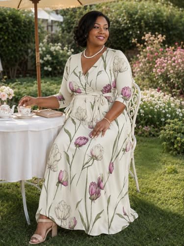 Image of SUZONANA Plus Size Dresses for Women Floral Print Maxi Dress Flowy 3 /4 Sleeve with Belt