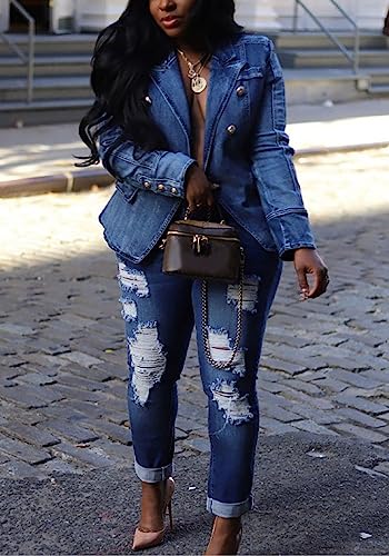 YOOTIKO Womens Jean Blazer Lapel Open Front Button Up Long Sleeve Casual Work Denim Jacket Coat2